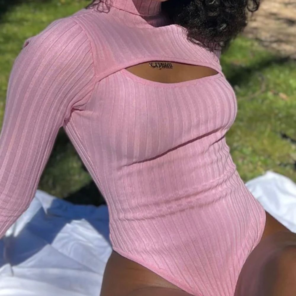 Valentine's Day Special: Pink Ribbed Turtleneck Bodysuit with Open Front